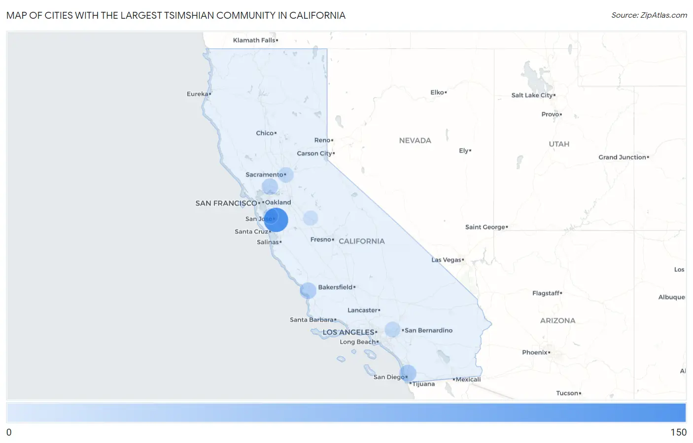 Cities with the Largest Tsimshian Community in California Map