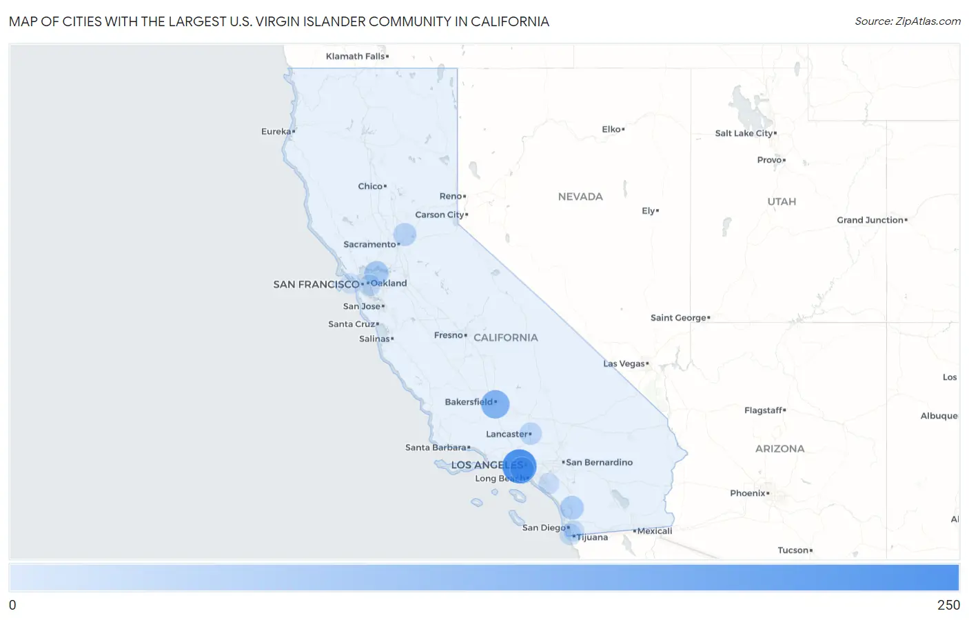 Cities with the Largest U.S. Virgin Islander Community in California Map