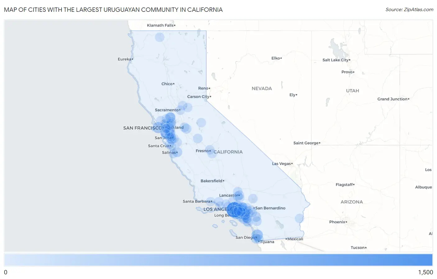 Cities with the Largest Uruguayan Community in California Map