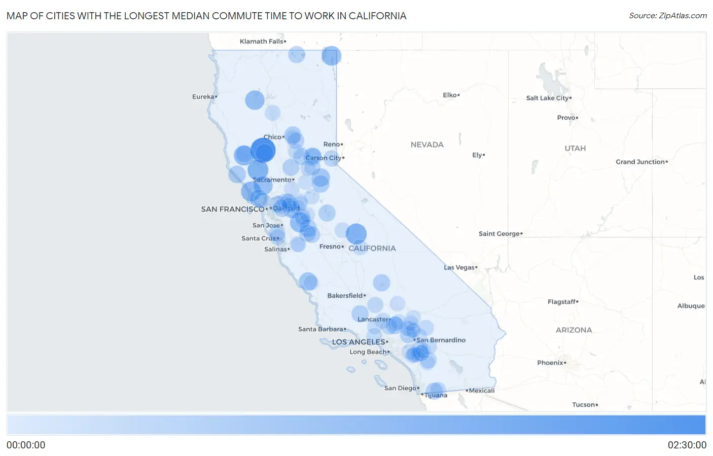 Cities with the Longest Median Commute Time to Work in California Map