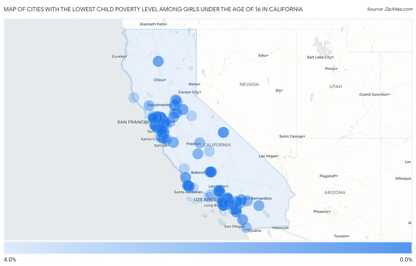 Cities with the Lowest Child Poverty Level Among Girls Under the Age of 16 in California Map