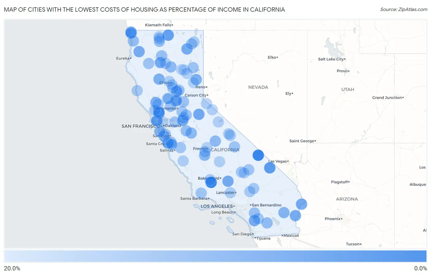 Cities with the Lowest Costs of Housing as Percentage of Income in California Map