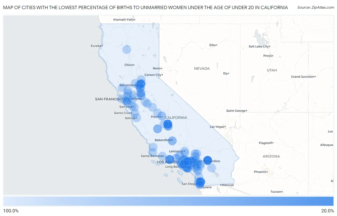 Cities with the Lowest Percentage of Births to Unmarried Women under the Age of under 20 in California Map