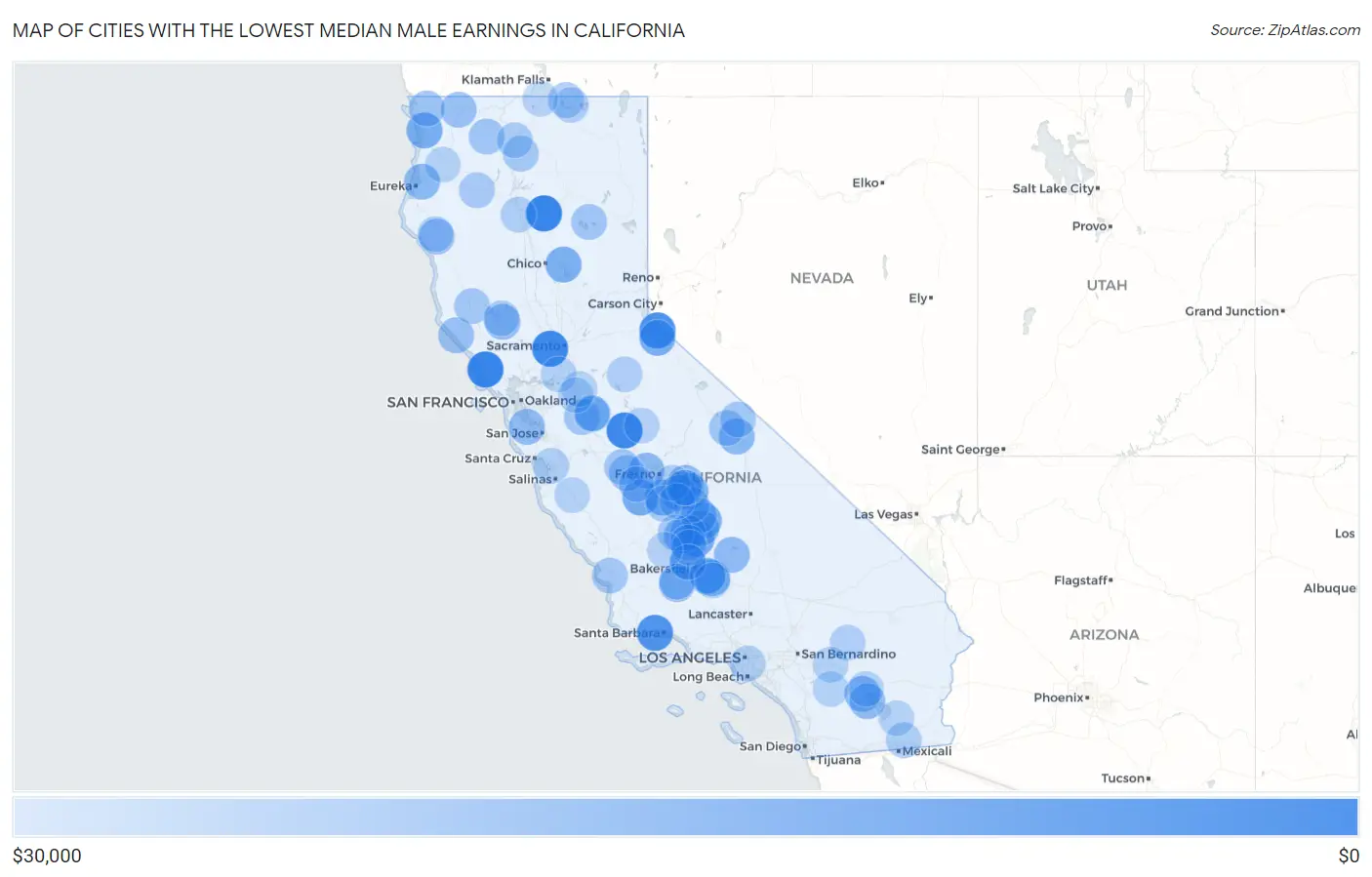 Cities with the Lowest Median Male Earnings in California Map