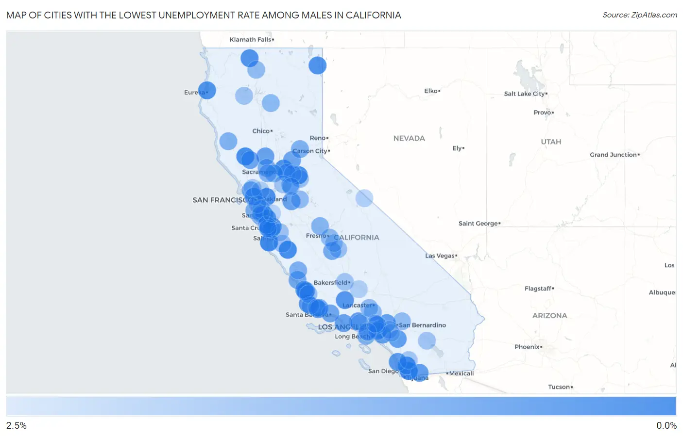 Cities with the Lowest Unemployment Rate Among Males in California Map