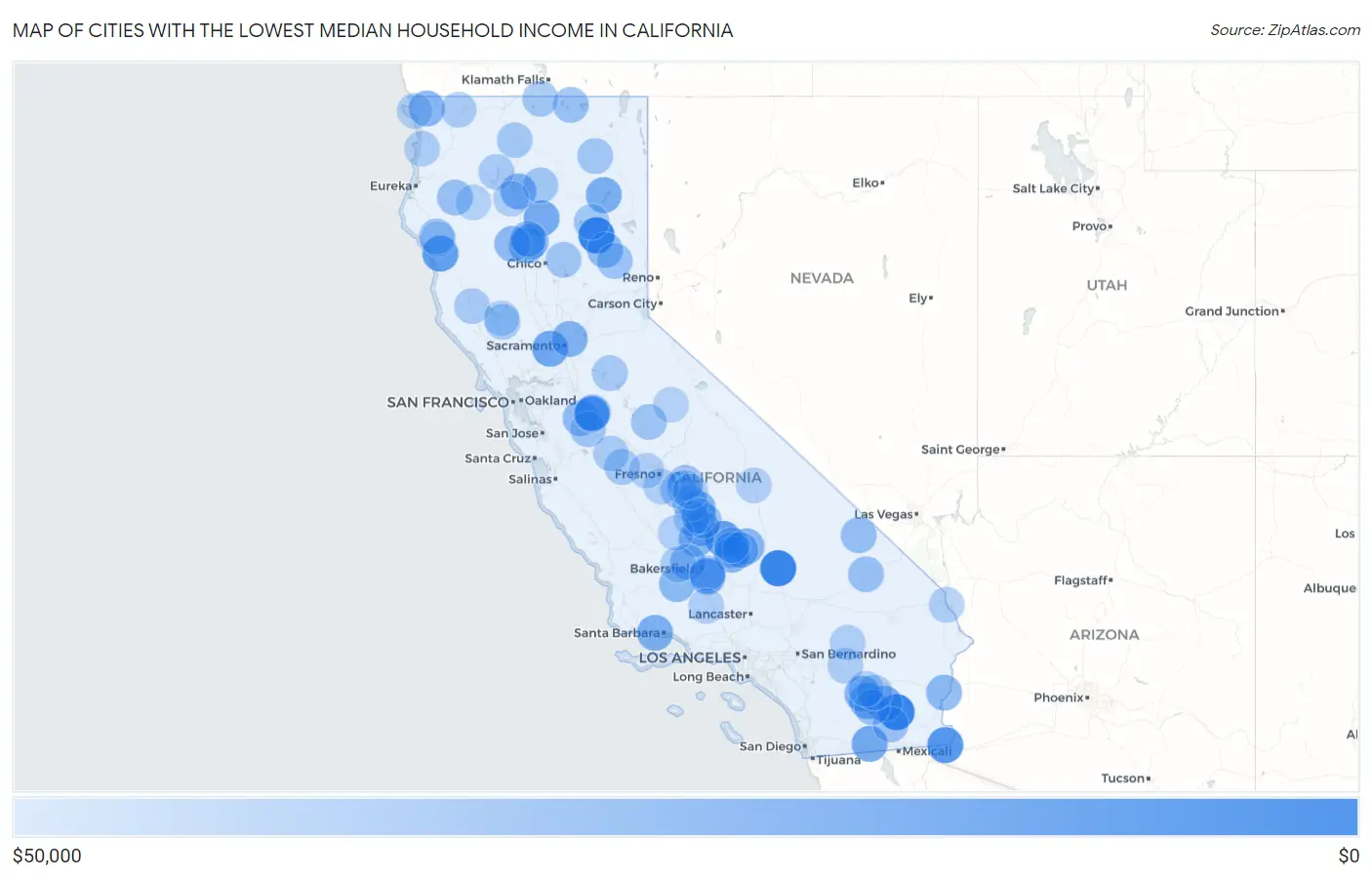 Cities with the Lowest Median Household Income in California Map