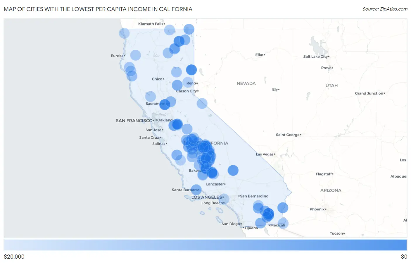 Cities with the Lowest Per Capita Income in California Map