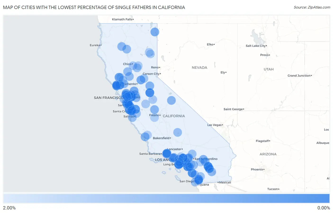 Cities with the Lowest Percentage of Single Fathers in California Map