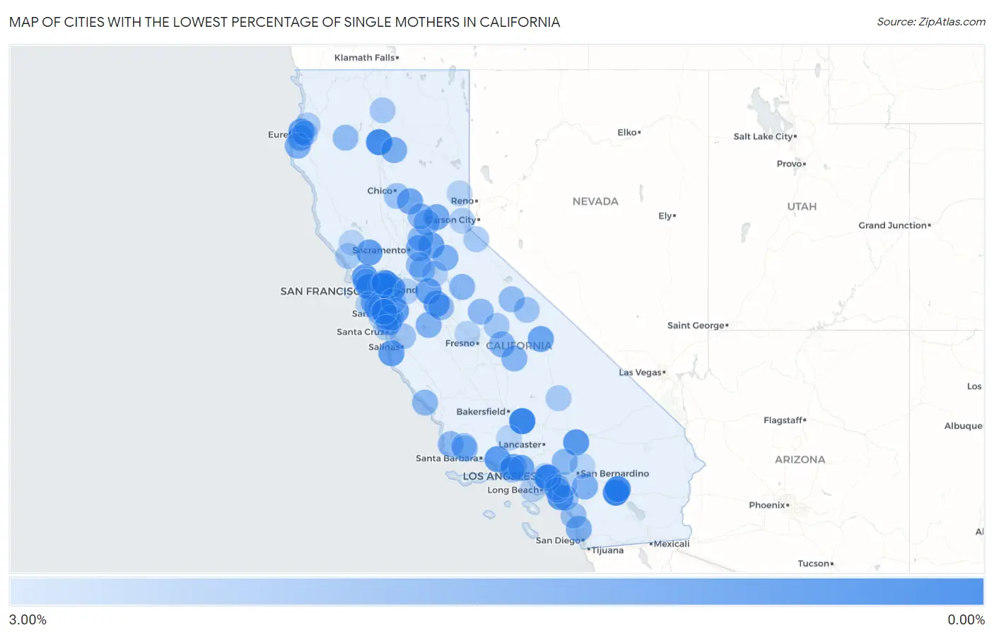 Cities with the Lowest Percentage of Single Mothers in California Map