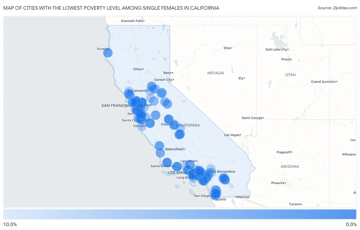 Cities with the Lowest Poverty Level Among Single Females in California Map
