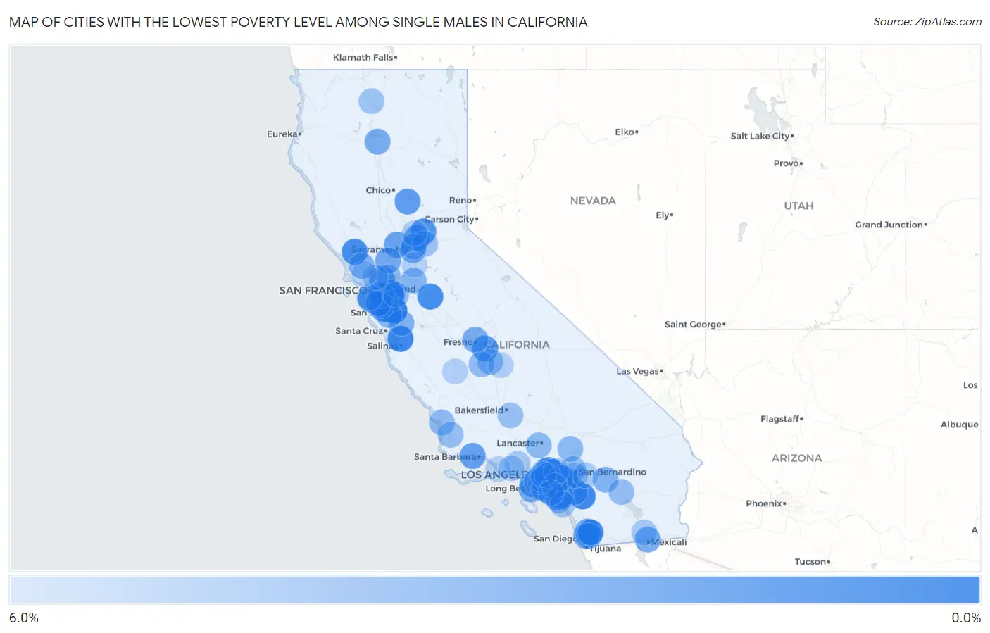 Cities with the Lowest Poverty Level Among Single Males in California Map