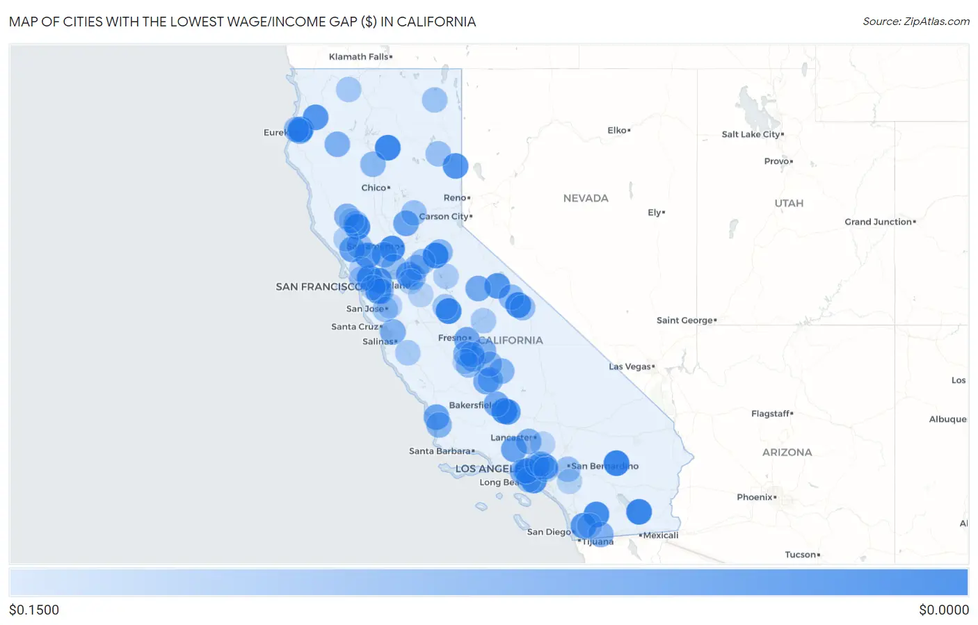 Cities with the Lowest Wage/Income Gap ($) in California Map