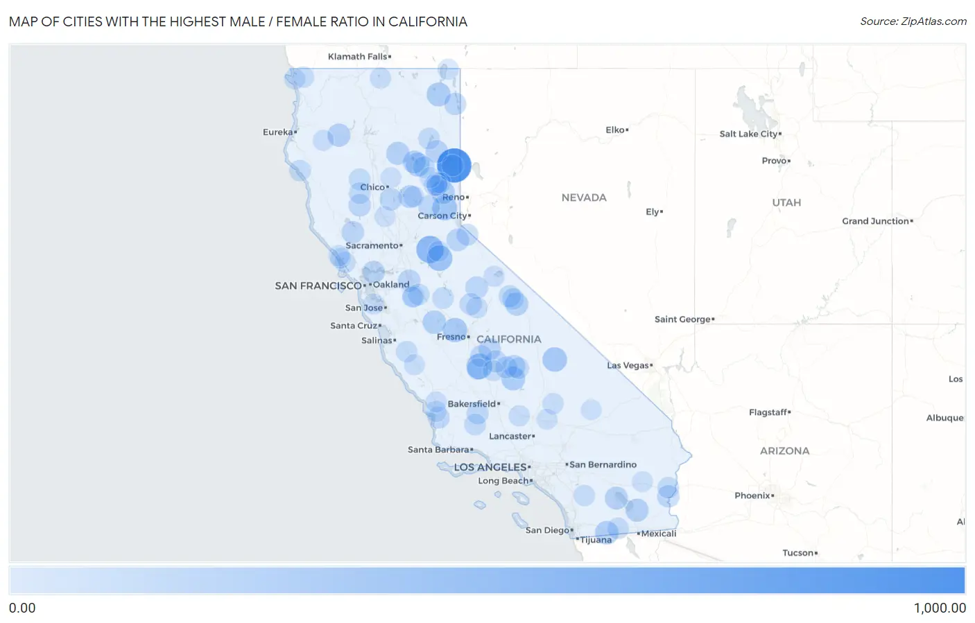 Cities with the Highest Male / Female Ratio in California Map