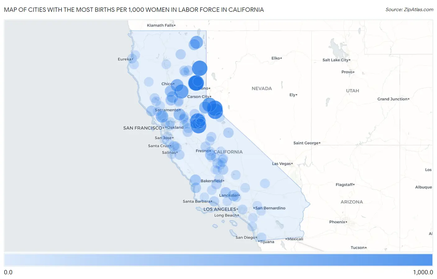 Cities with the Most Births per 1,000 Women in Labor Force in California Map