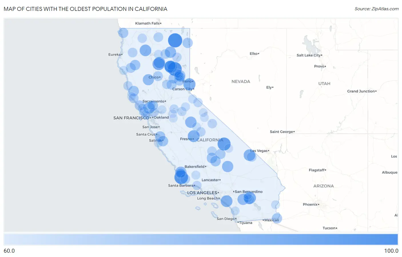 Cities with the Oldest Population in California Map