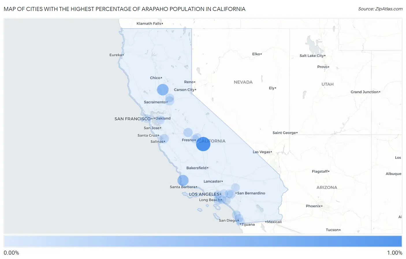 Cities with the Highest Percentage of Arapaho Population in California Map