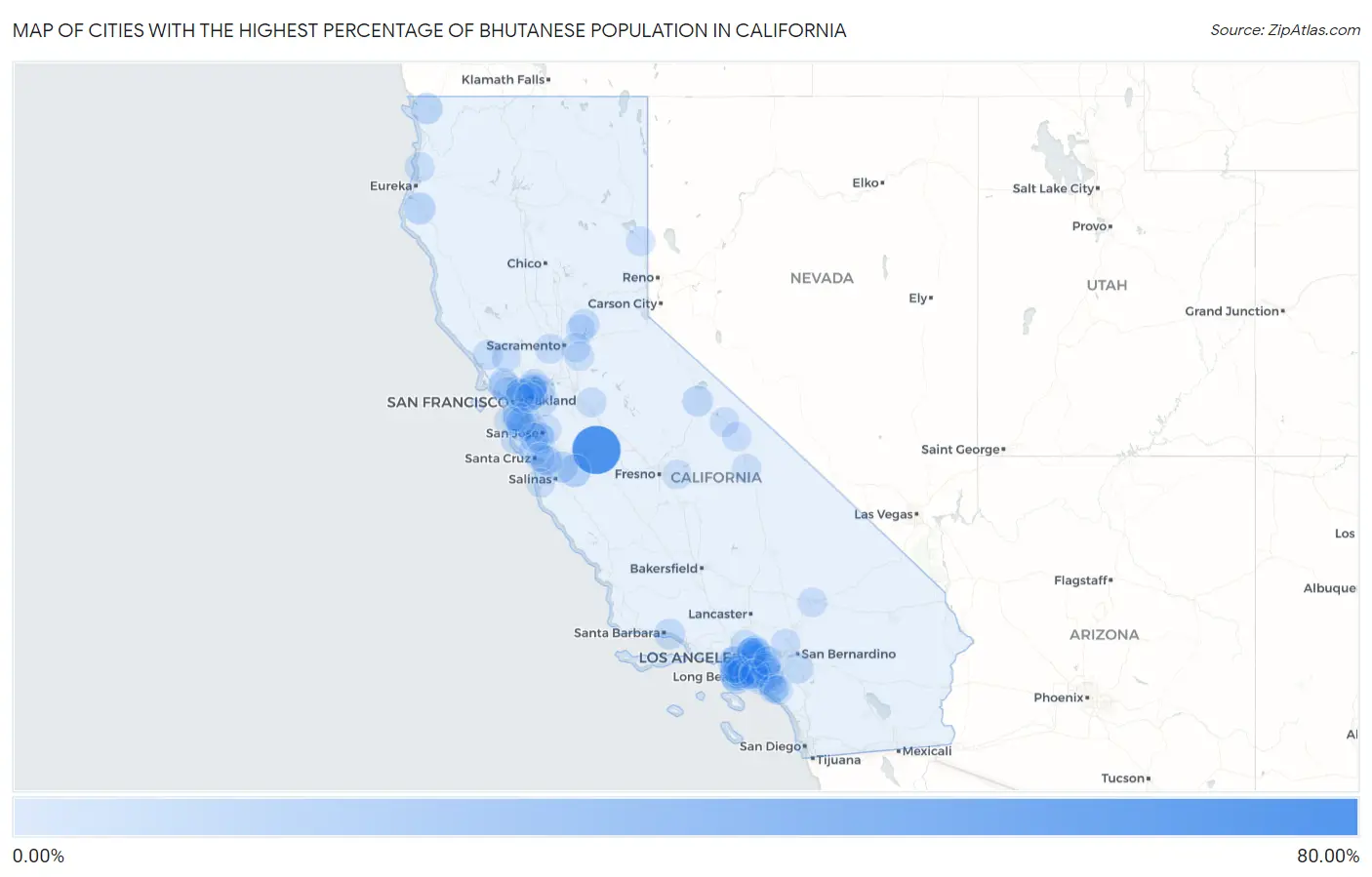 Cities with the Highest Percentage of Bhutanese Population in California Map