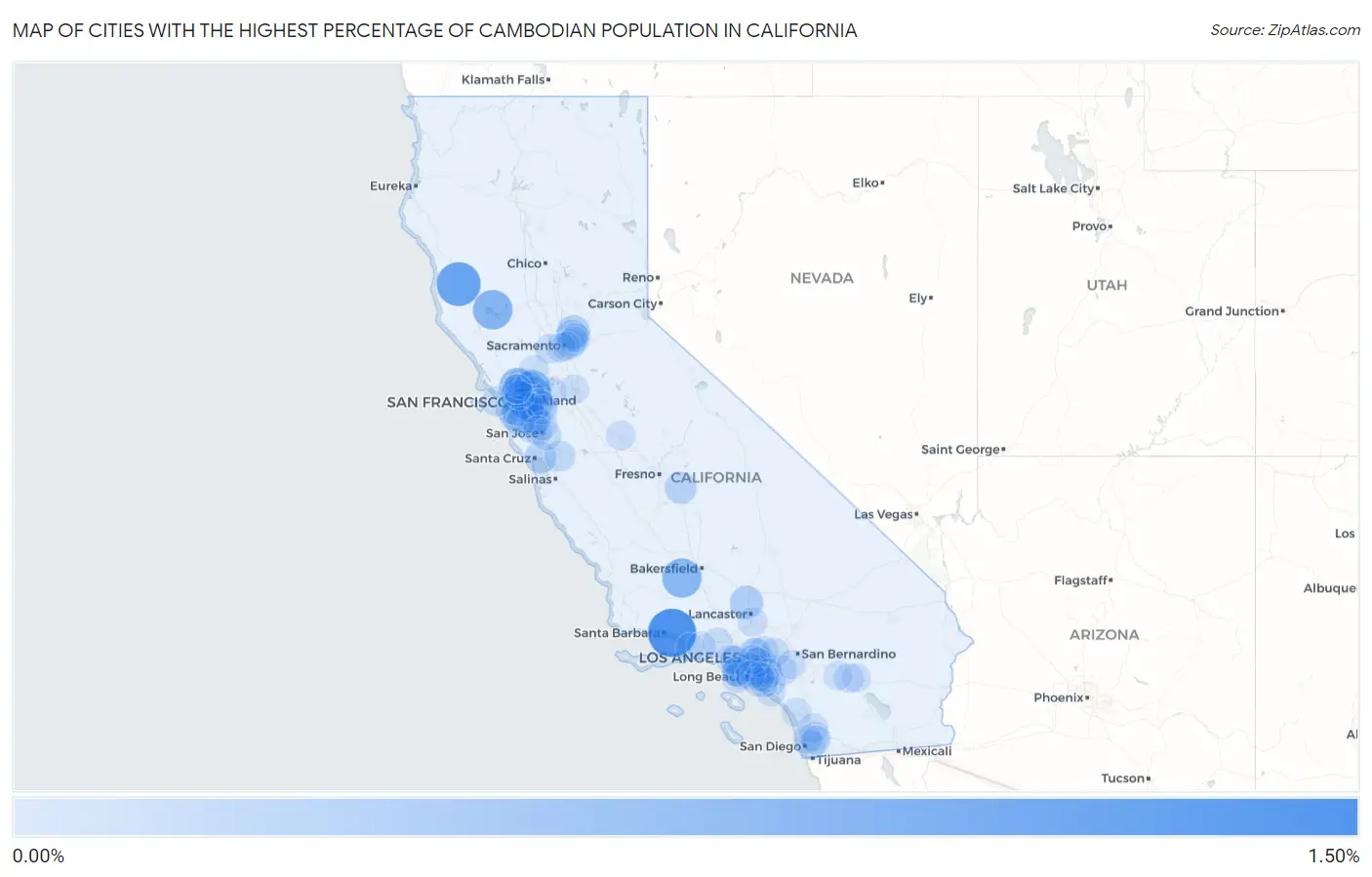 Cities with the Highest Percentage of Cambodian Population in California Map