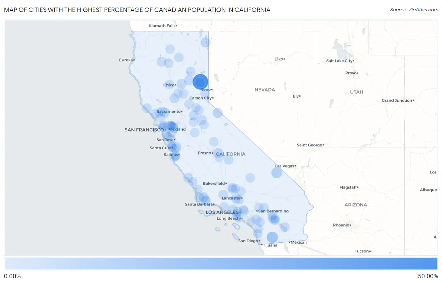 Cities with the Highest Percentage of Canadian Population in California Map