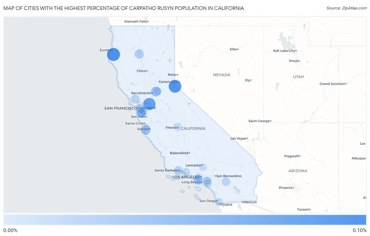 Cities with the Highest Percentage of Carpatho Rusyn Population in California Map