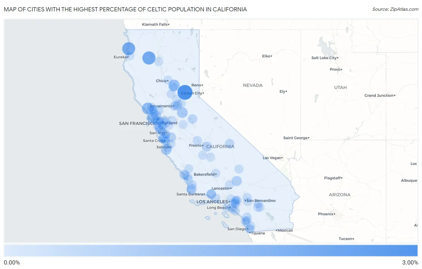 Cities with the Highest Percentage of Celtic Population in California Map