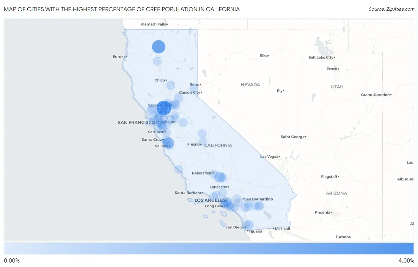 Cities with the Highest Percentage of Cree Population in California Map