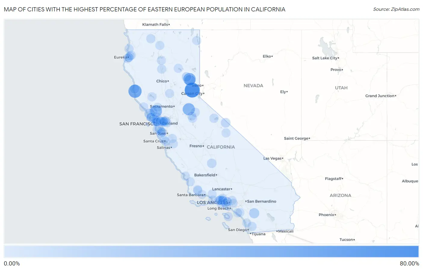 Cities with the Highest Percentage of Eastern European Population in California Map