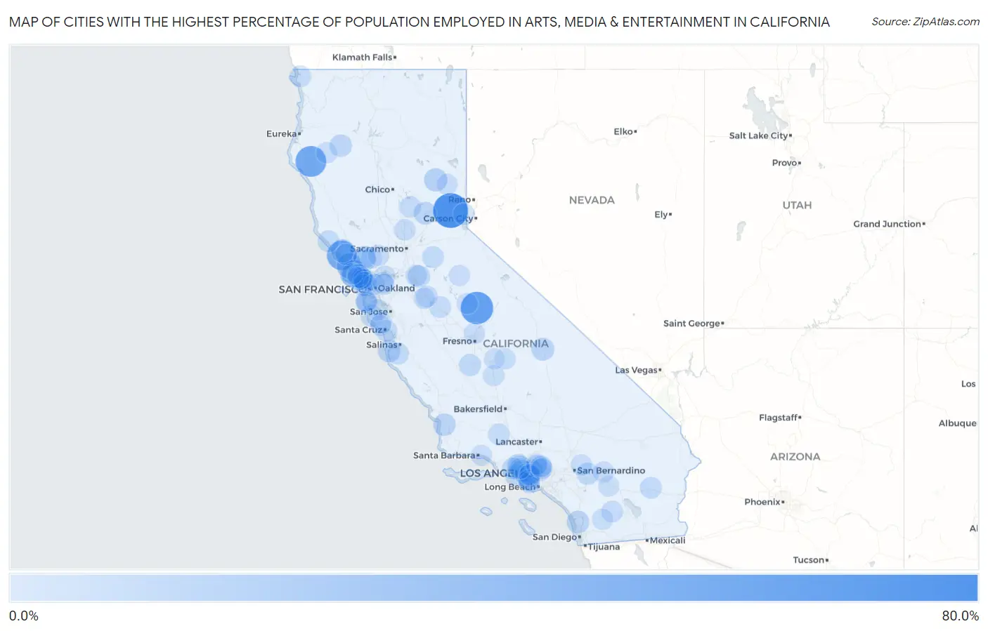 Cities with the Highest Percentage of Population Employed in Arts, Media & Entertainment in California Map
