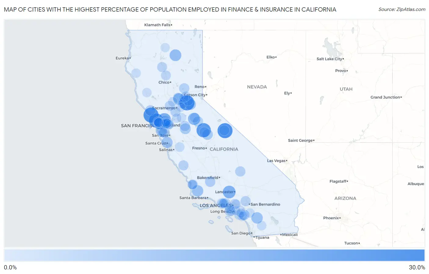 Cities with the Highest Percentage of Population Employed in Finance & Insurance in California Map
