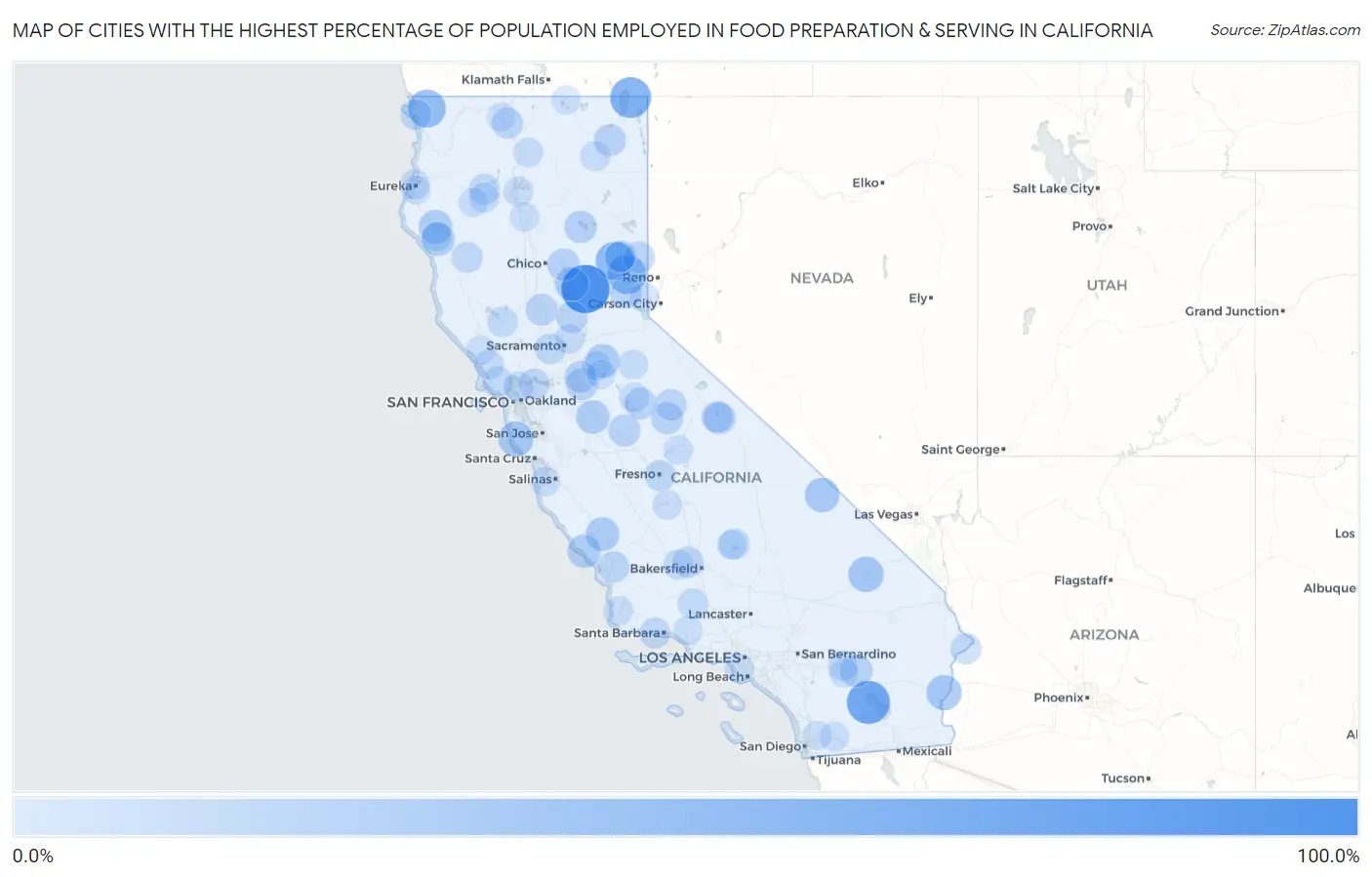 Cities with the Highest Percentage of Population Employed in Food Preparation & Serving in California Map
