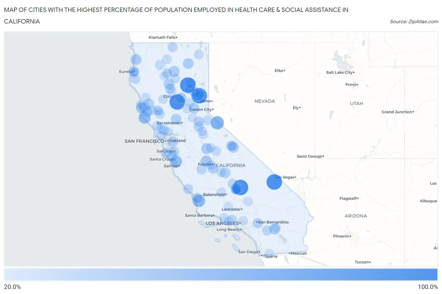 Cities with the Highest Percentage of Population Employed in Health Care & Social Assistance in California Map