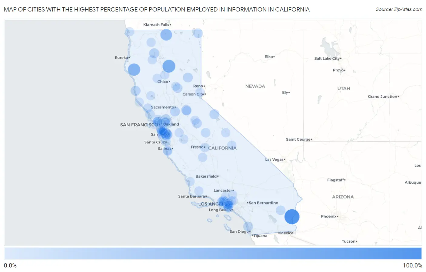 Cities with the Highest Percentage of Population Employed in Information in California Map