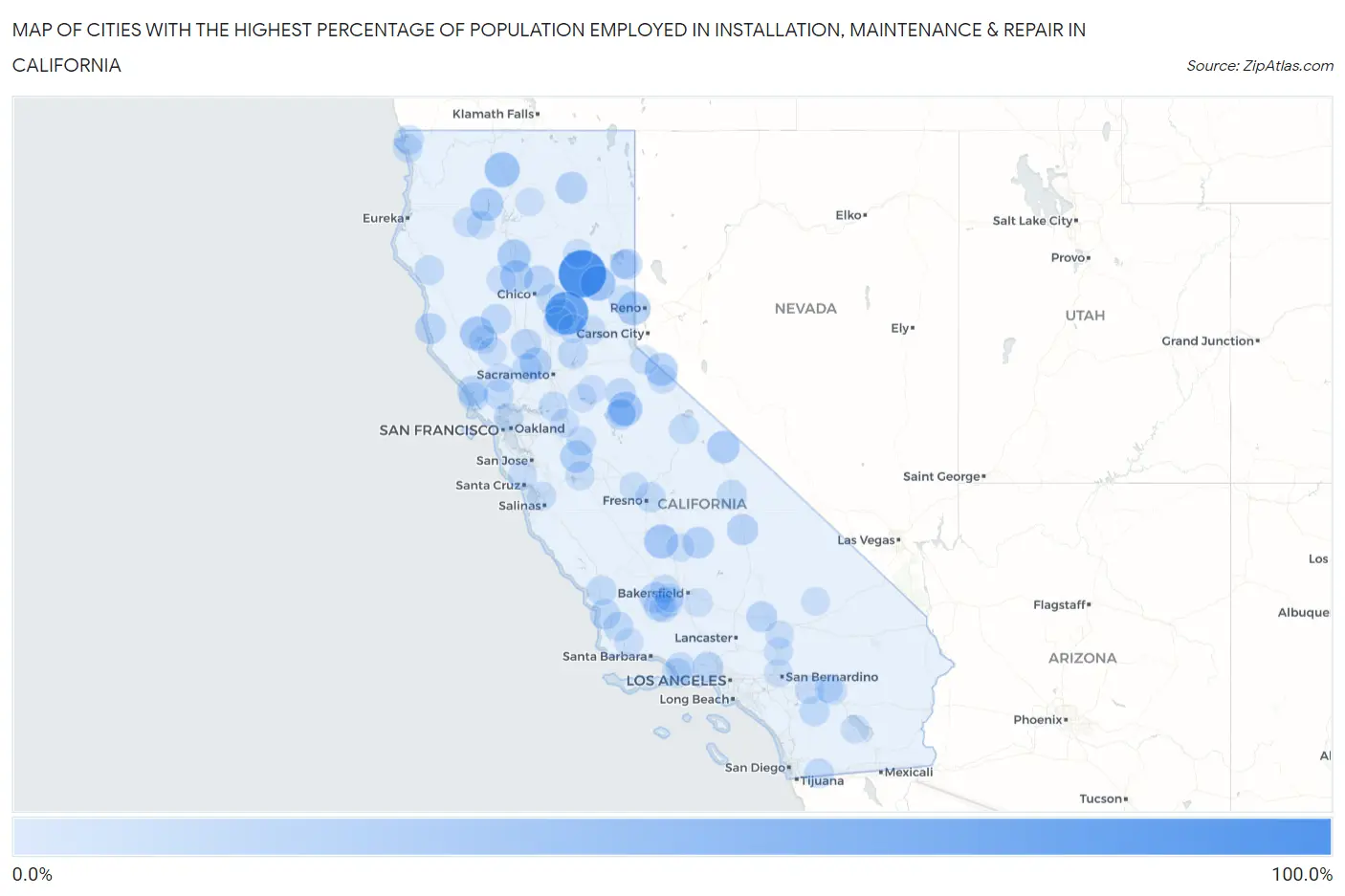 Cities with the Highest Percentage of Population Employed in Installation, Maintenance & Repair in California Map