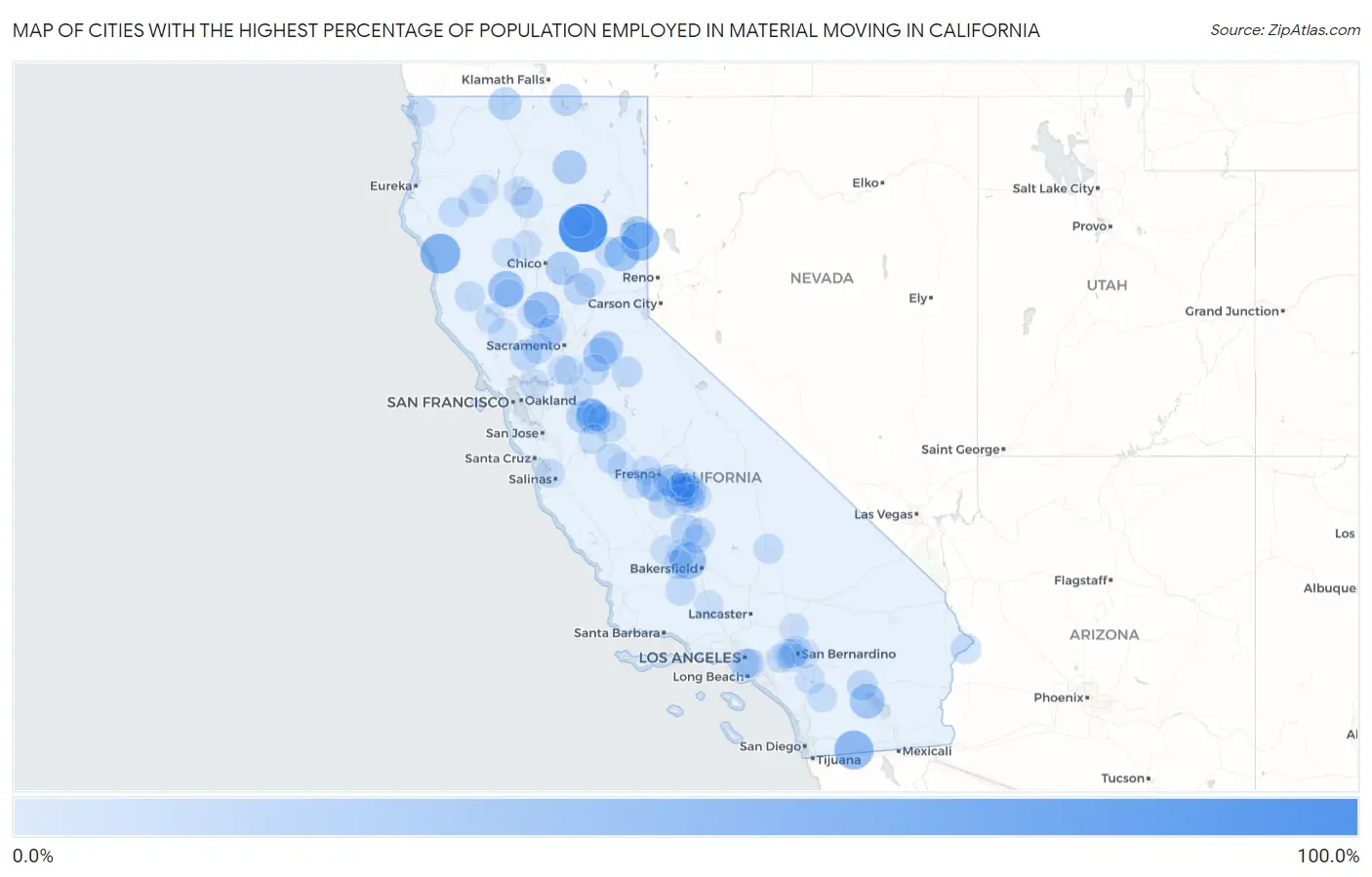 Cities with the Highest Percentage of Population Employed in Material Moving in California Map