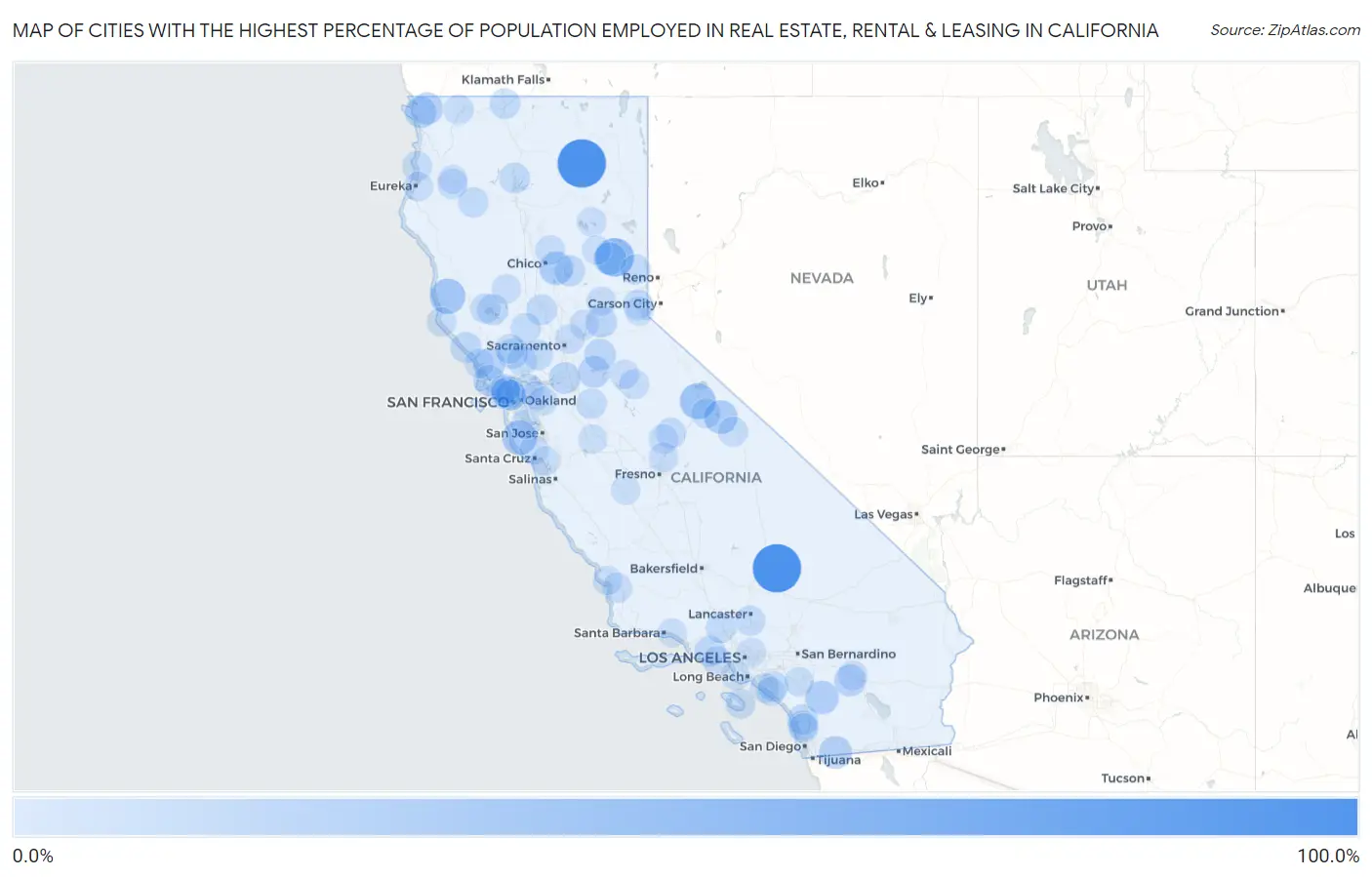 Cities with the Highest Percentage of Population Employed in Real Estate, Rental & Leasing in California Map