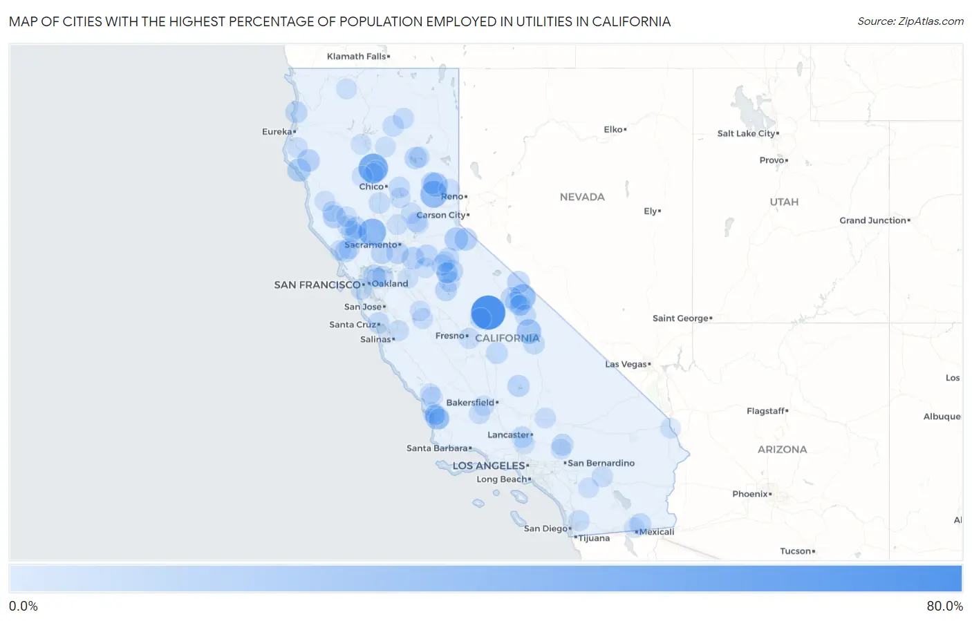 Cities with the Highest Percentage of Population Employed in Utilities in California Map