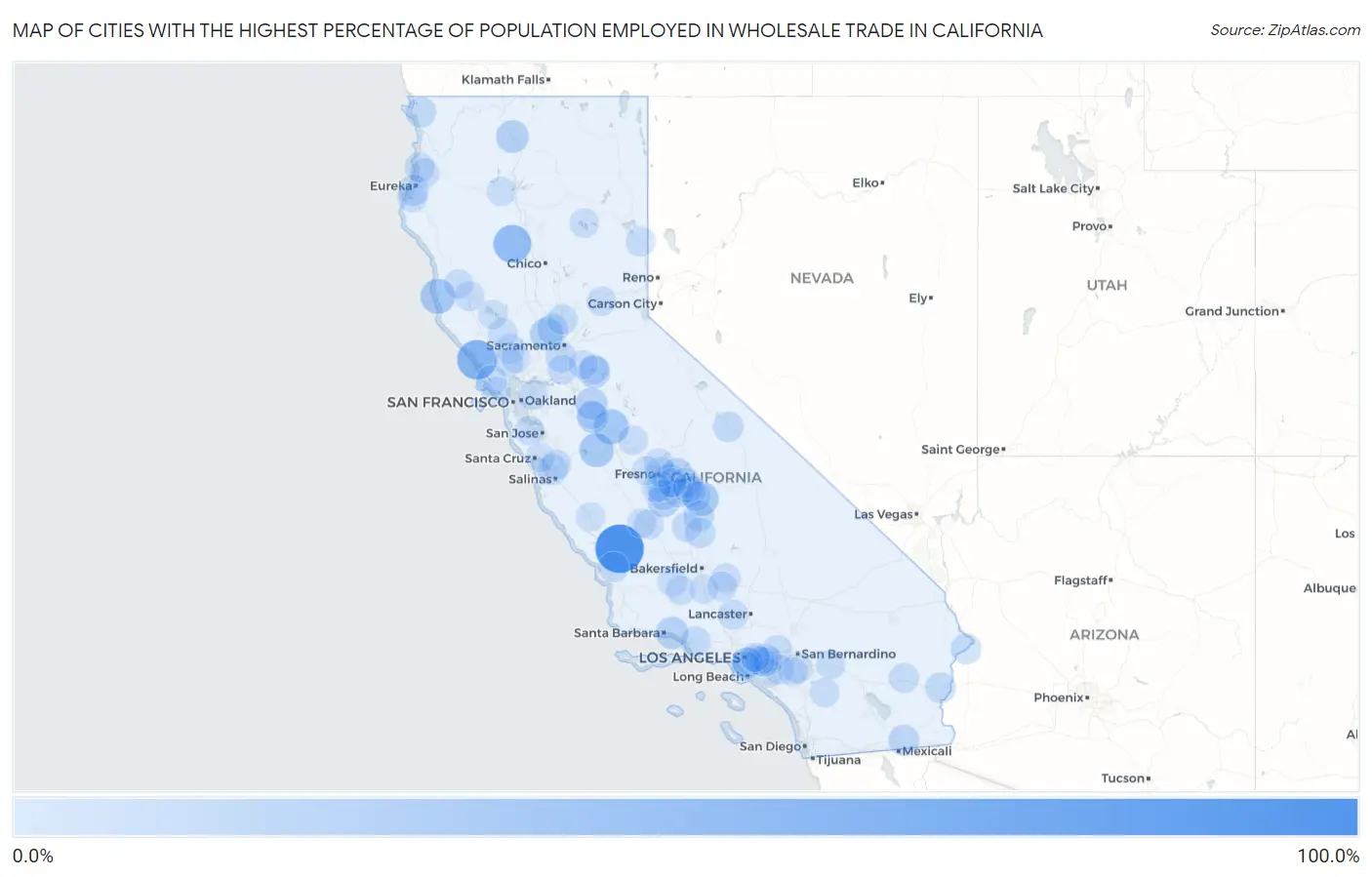 Cities with the Highest Percentage of Population Employed in Wholesale Trade in California Map