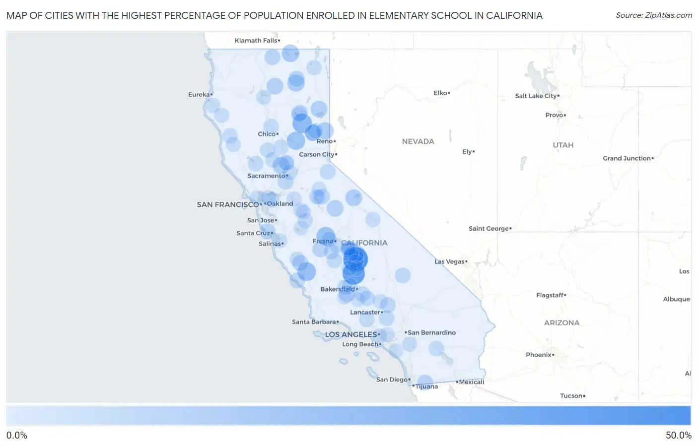 Cities with the Highest Percentage of Population Enrolled in Elementary School in California Map