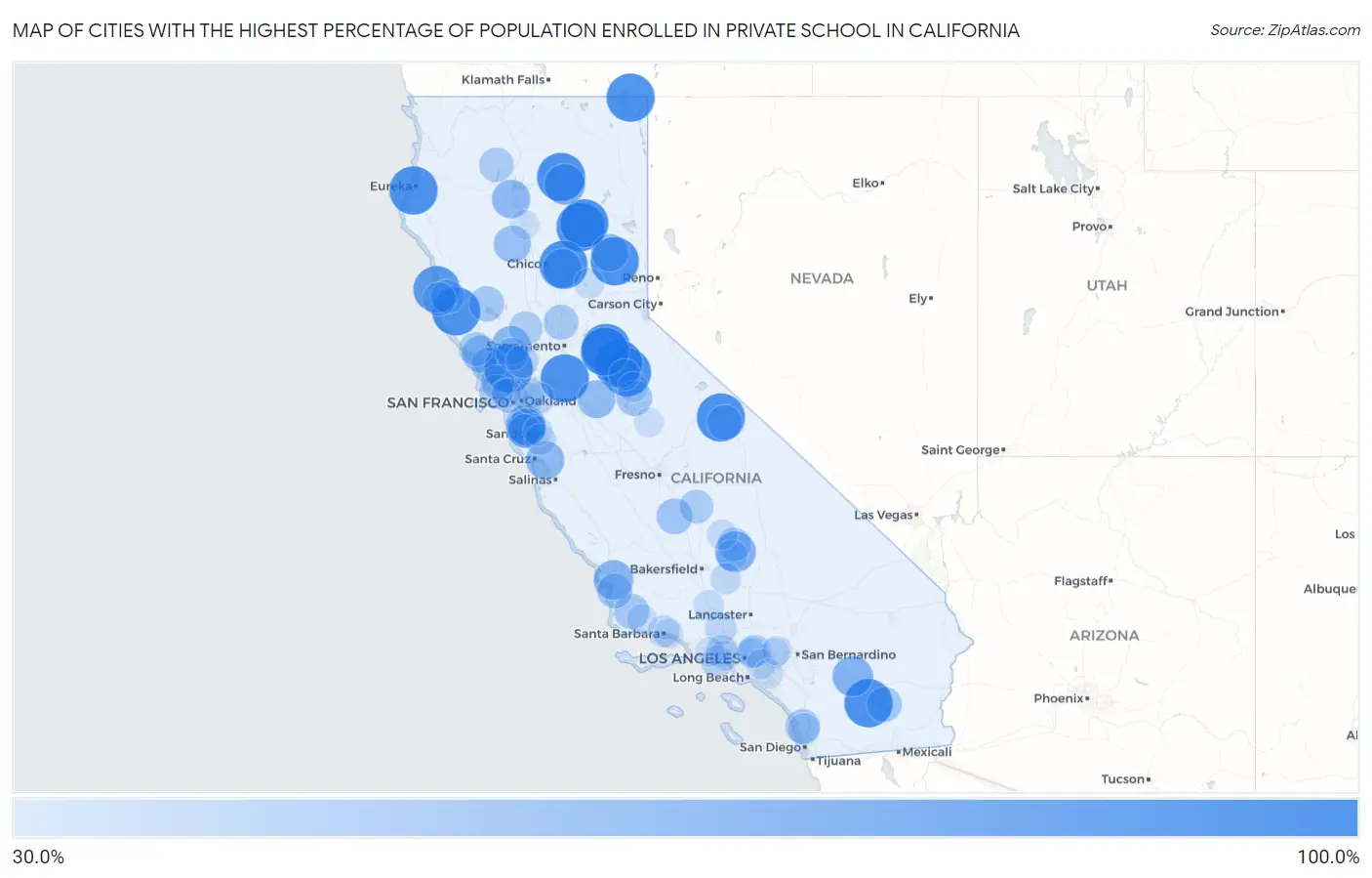 Cities with the Highest Percentage of Population Enrolled in Private School in California Map