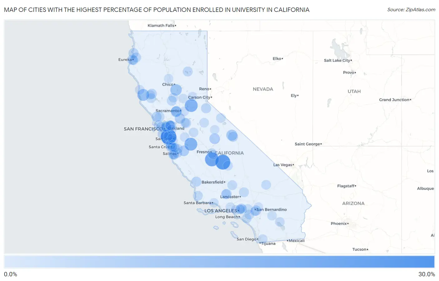 Cities with the Highest Percentage of Population Enrolled in University in California Map