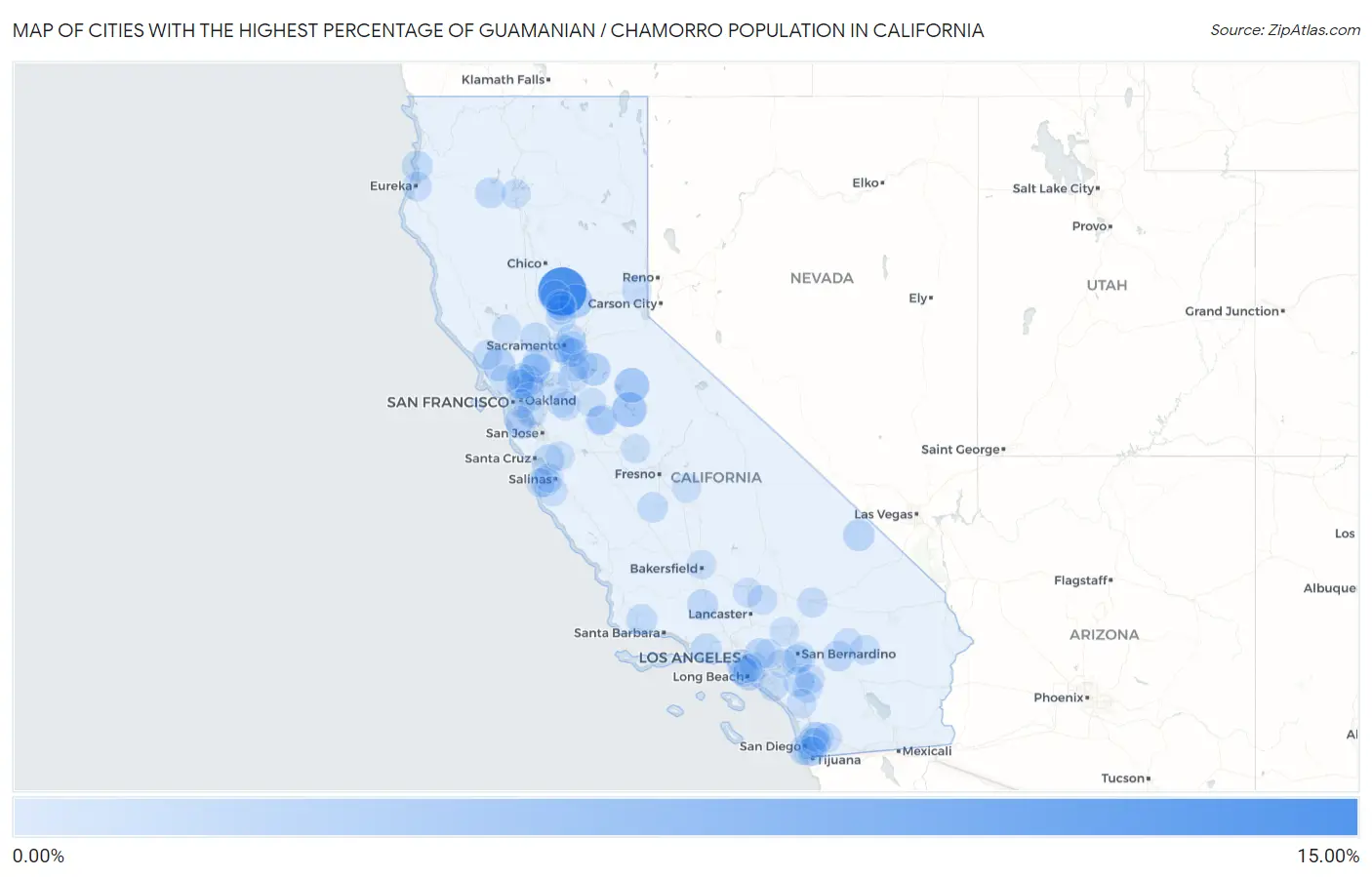 Cities with the Highest Percentage of Guamanian / Chamorro Population in California Map