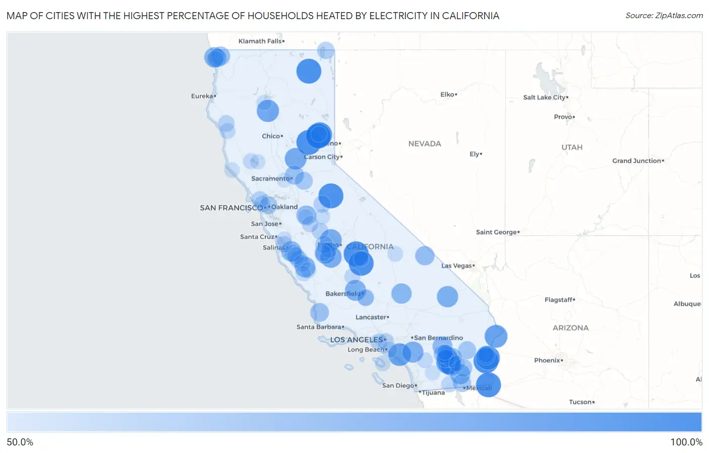 Cities with the Highest Percentage of Households Heated by Electricity in California Map