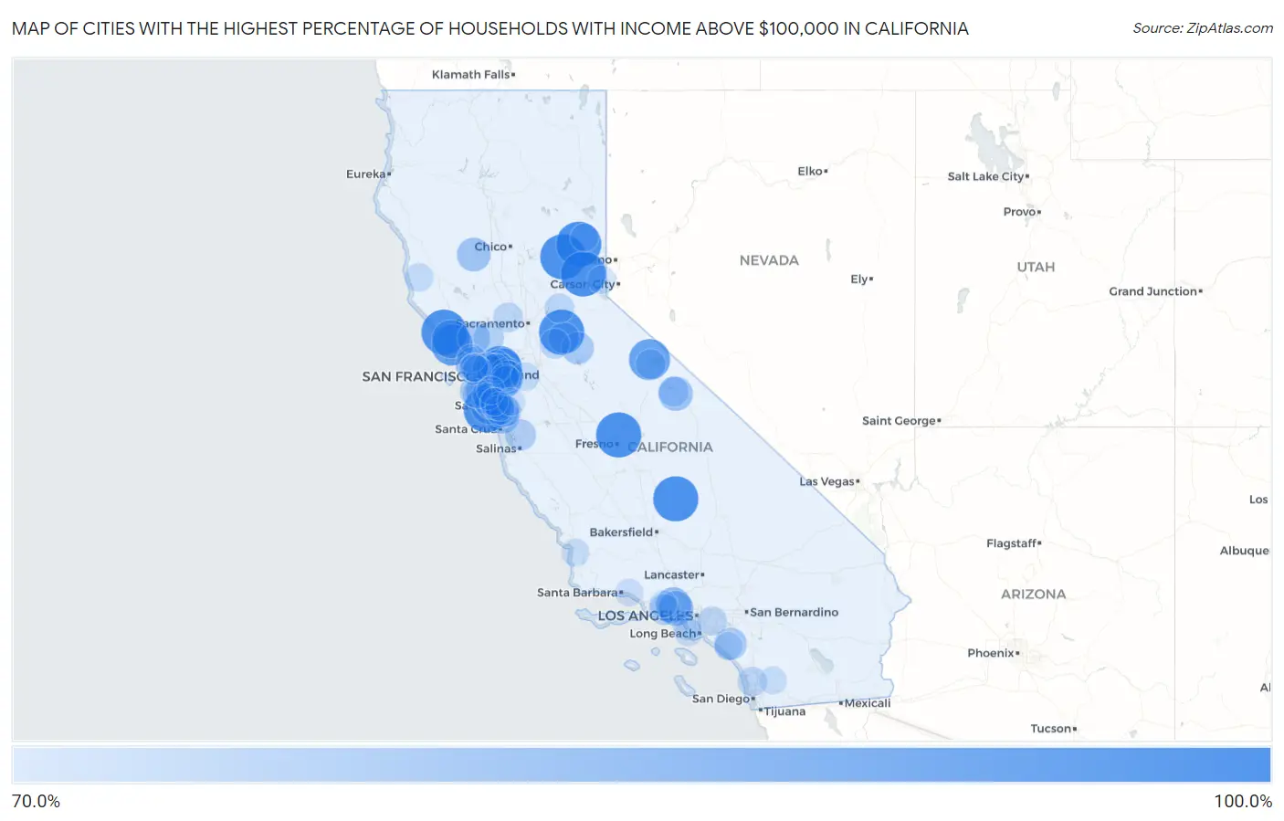 Cities with the Highest Percentage of Households with Income Above $100,000 in California Map