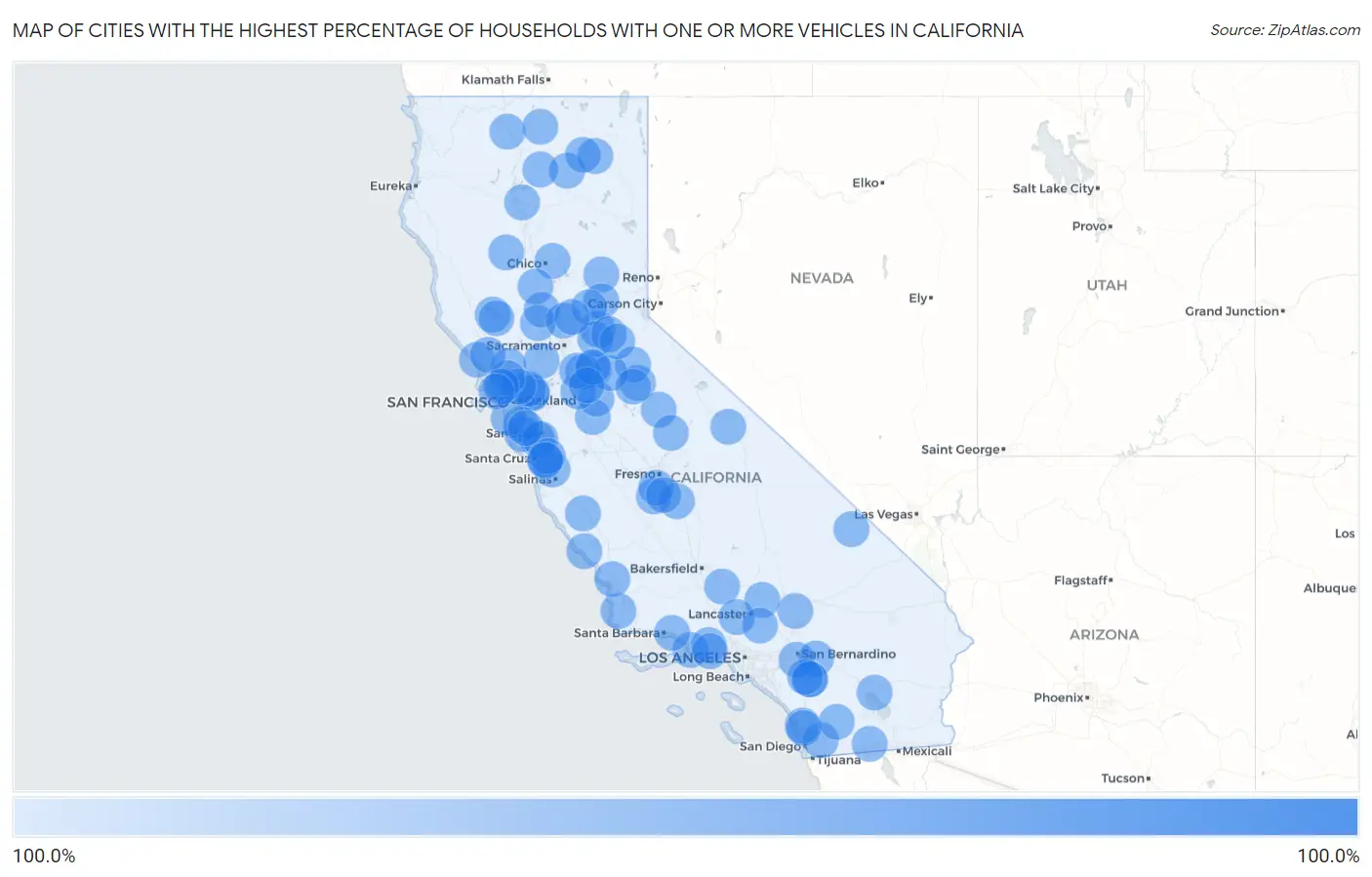 Cities with the Highest Percentage of Households With One or more Vehicles in California Map