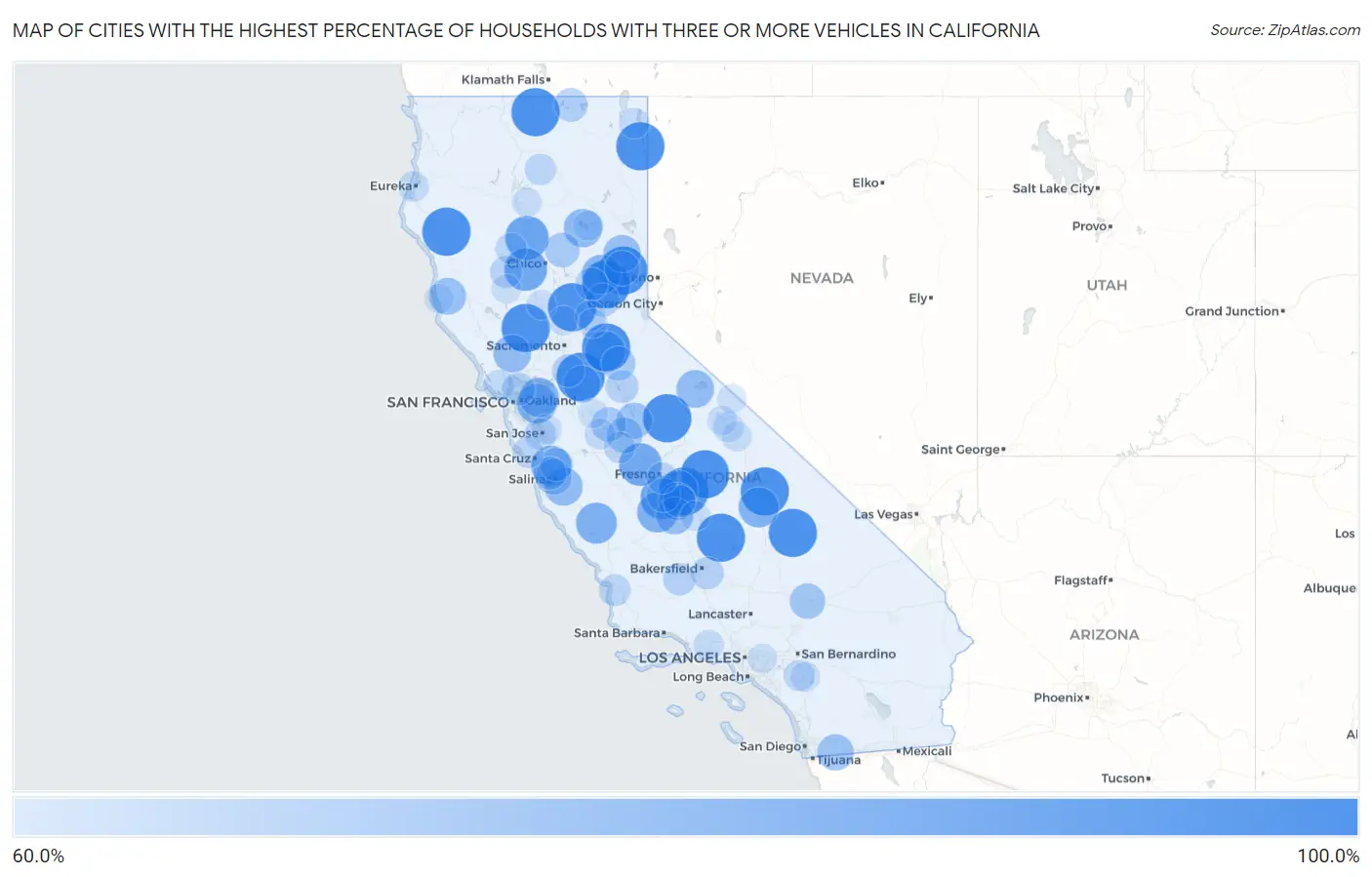 Cities with the Highest Percentage of Households With Three or more Vehicles in California Map