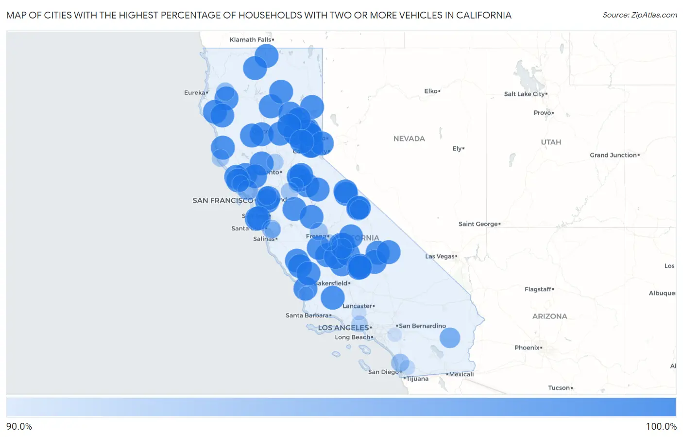Cities with the Highest Percentage of Households With Two or more Vehicles in California Map