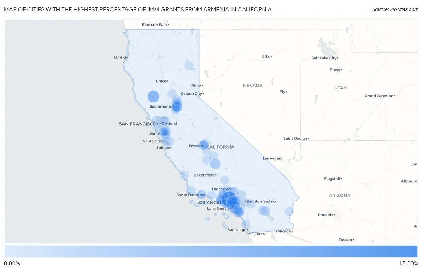 Cities with the Highest Percentage of Immigrants from Armenia in California Map