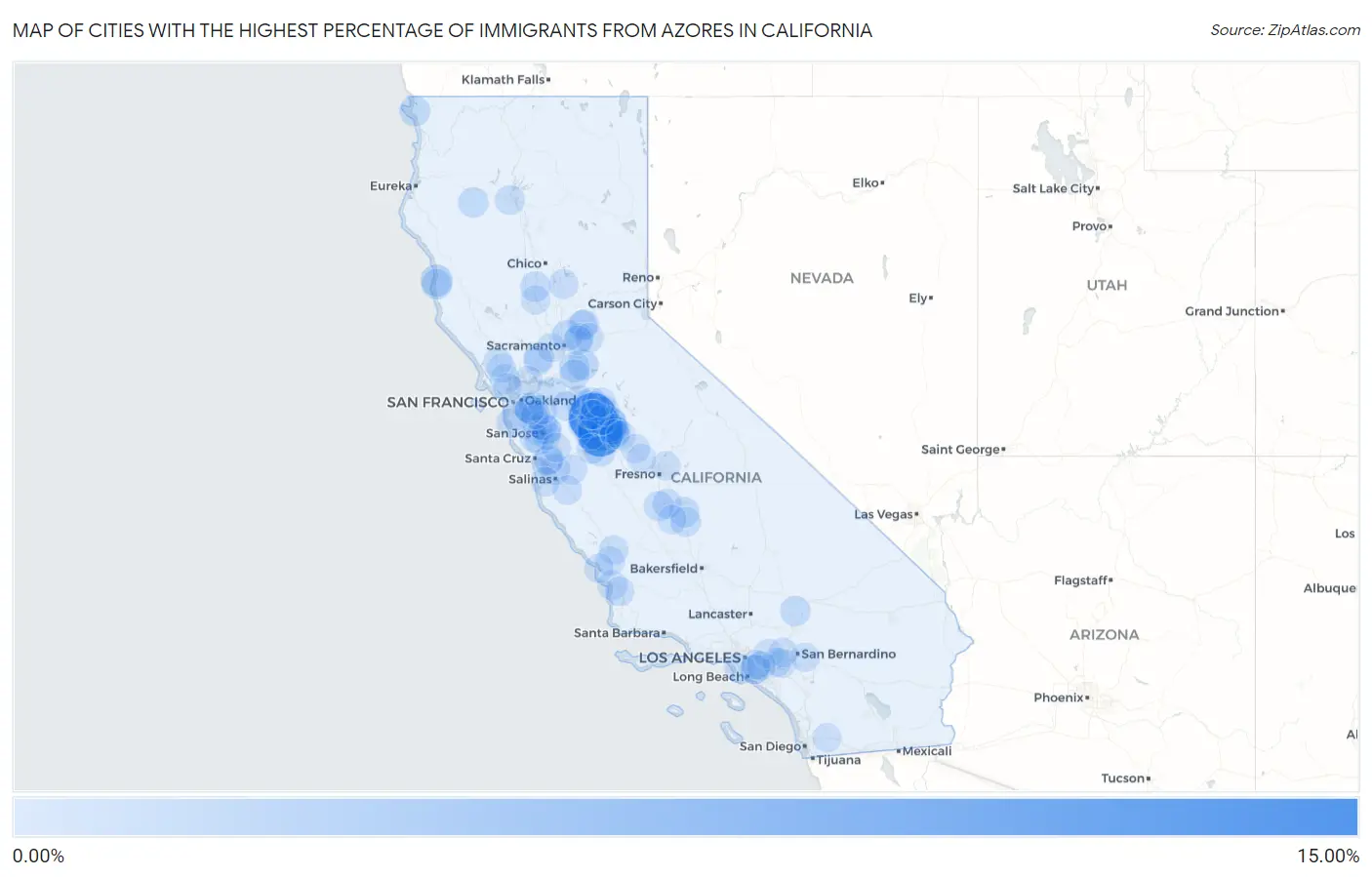 Cities with the Highest Percentage of Immigrants from Azores in California Map