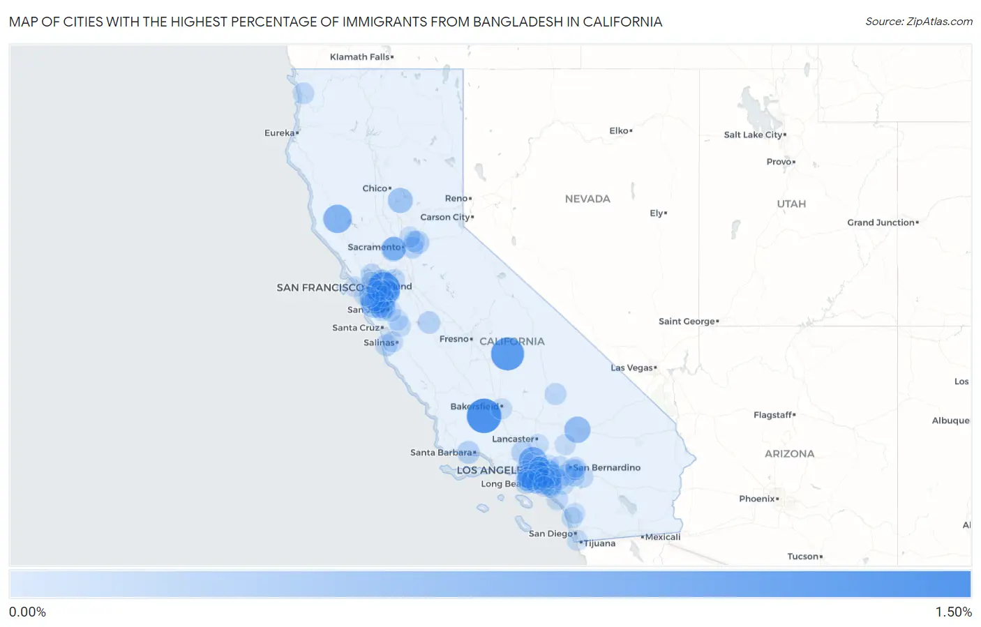 Cities with the Highest Percentage of Immigrants from Bangladesh in California Map
