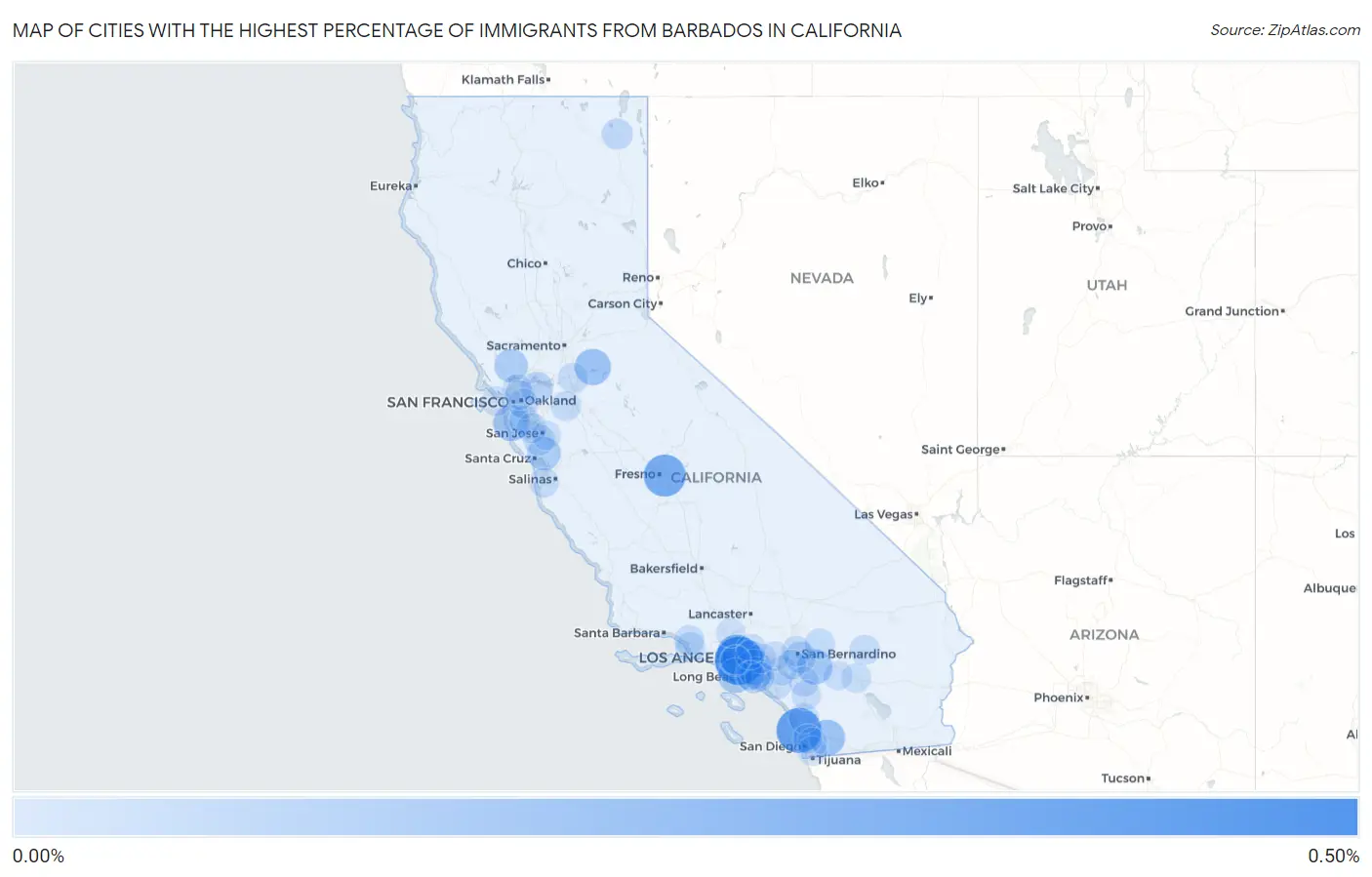 Cities with the Highest Percentage of Immigrants from Barbados in California Map
